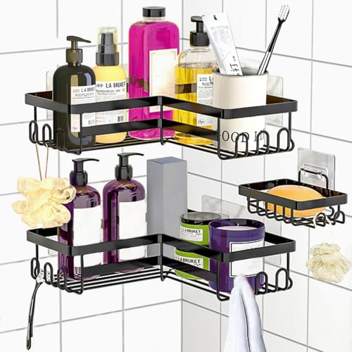Xinxinphi 3 Stück Duschablage Ecke Ohne Bohren mit Seifenschale & Haken, Schwarz Selbstklebend Badregal für Dusche, Wasserdichter Duschregal für Shampoo Duschgel, Duschkörbe für Badezimmer Küche von Xinxinphi