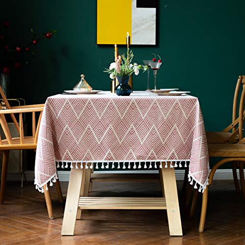 Xiongfeng Mitchell Tischdecke Quaste 90x90 Baumwolle und Leinen Tischtuch Rosa Streifen Jacquard Quadratisch Couchtisch Abwaschbar Garten tischdecke Küchentischabdeckung für Speisetisch(90x90,Rosa) von Xiongfeng