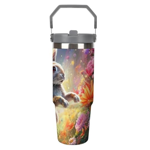 Xiputvl 3D-Druck Kaninchen Edelstahl Thermobecher - Mit Strohhalm Und Deckel - Ideal Für Heiße Und Kalte Getränke - Spülmaschinenfest 30oz von Xiputvl