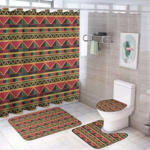 Xiputvl Kwanzaa-Muster Vier Stück Badezimmer Set Badematte rutschfest, Weich Und Schnell Trocknend Für Dusche 183×183cm von Xiputvl