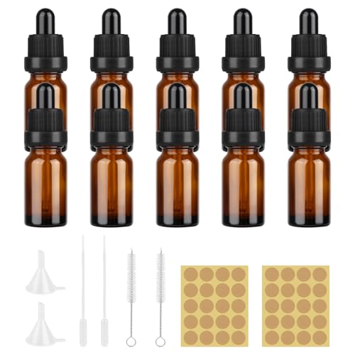 Xishoyen 10 Stück Pipettenflasche 10ml, Flasche mit Pipette, Refillable Fläschchen mit Pipette Dropper Bottle, Braunglasflasche für Ätherische Öle, Aromatherapie, Augentropfen von Xishoyen