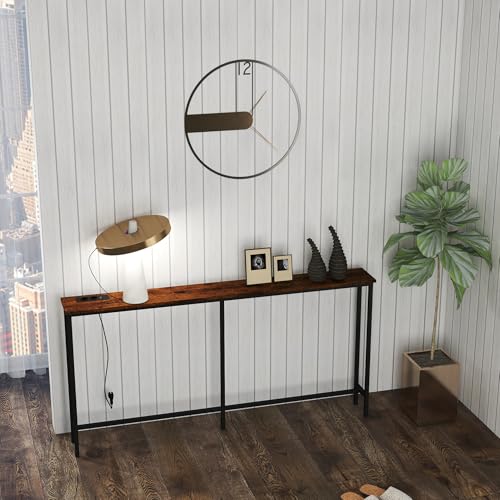 Konsolentisch Schmal mit Metallrahmen & Melaminholz-Optik – 160 cm MDF-Platte mit Tigerholz-Dekor, 2 Steckdosen + 2 USB – Ideal als Sideboard hinter Sofa oder im Flur Konsolentisch Schmal mit Metallrahmen & Melaminholz-Optik – 160 cm MDF-Platte mit Tigerholz-Dekor, 2 Steckdosen + 2 USB – Ideal als Sideboard hinter Sofa oder im Flur von Xisilla