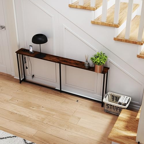 Konsolentisch Schmal mit Metallrahmen & Melaminholz-Optik – 180 cm MDF-Platte mit Tigerholz-Dekor, 2 Steckdosen + 2 USB – Ideal als Sideboard hinter Sofa oder im Flur von Xisilla