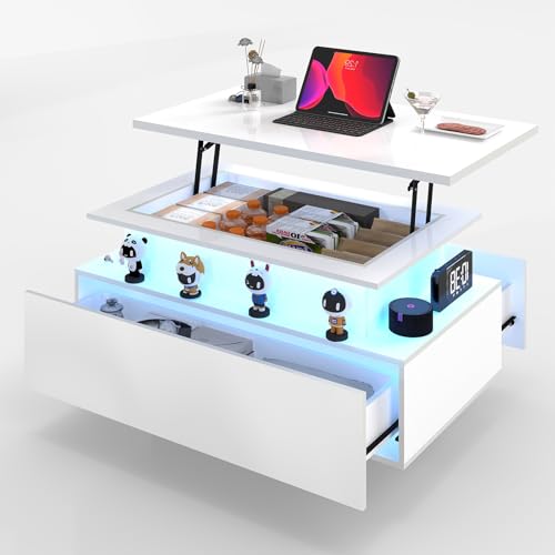 Xisilla Couchtisch Höhenverstellbar mit Aufzugstisch, Coffee Table Living Room mit 2 Schubladen, Beistelltisch Weiß mit LED-Licht, Wohnzimmertisch mit Stauraum von Xisilla