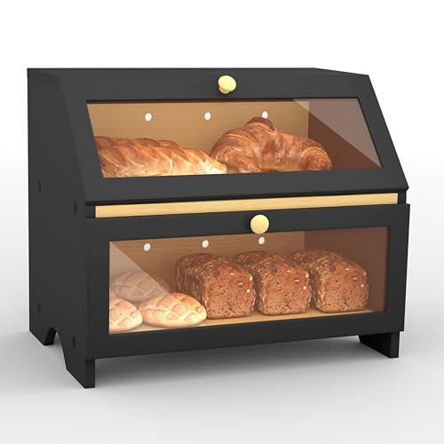 Xisilla Doppelstöckiger Brotkasten Holz, Brotkasten Schwarz, Brotkorb Modern aus Massivholz, Knäckebrotdose für den Haushalt, Transparent visualisierte Brotbox von Xisilla