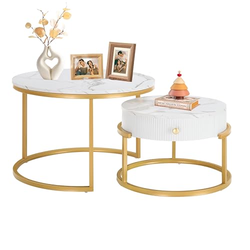 Xisilla Marmoroptik Runder Couchtisch Set mit Schubladen，weißer couchtisch rund 2er Set für Wohnzimmer/Arbeitszimmer/Schlafzimmer von Xisilla