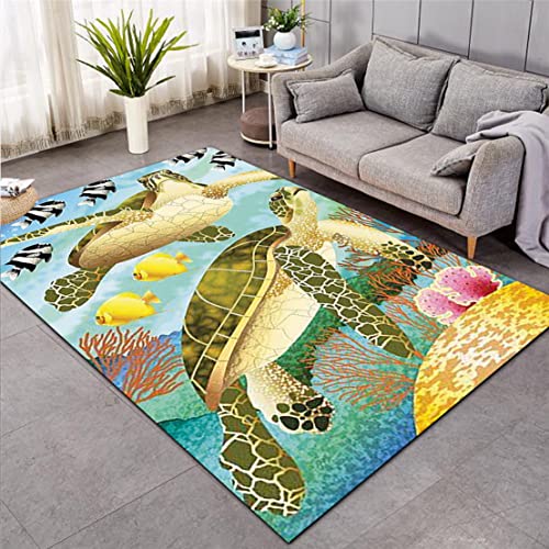 3D Meeres Schildkröte Teppich Küche Bad Eingangstür Matte Blau Ozean Unterwasserwelt Tier Muster Wohnzimmer Junge Mädchen Kinder Schlafzimmer Anti-Rutsch Flanell Teppich (Muster 2,120x160 cm) von Xisnuient