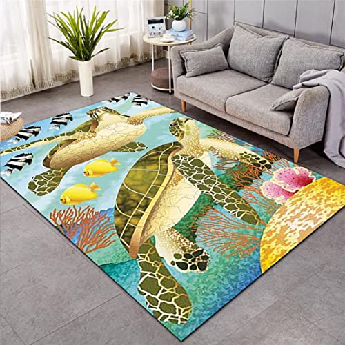 3D Meeres Schildkröte Teppich Küche Bad Eingangstür Matte Blau Ozean Unterwasserwelt Tier Muster Wohnzimmer Junge Mädchen Kinder Schlafzimmer Anti-Rutsch Flanell Teppich (Muster 2,140x200 cm) von Xisnuient