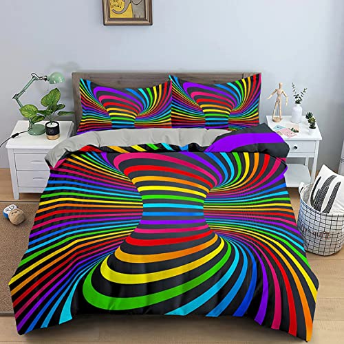 3D Swirl Bettwäsche-Set 2/3 Teilig Vortex-Illusion Abstrakter Kunstdruck Bettbezug Kissenbezug Grün Grau Blau Lila Orange Kariert Gestreift Mikrofaser Quilt Cover (Bunt 3, 135x200 cm) von Xisnuient