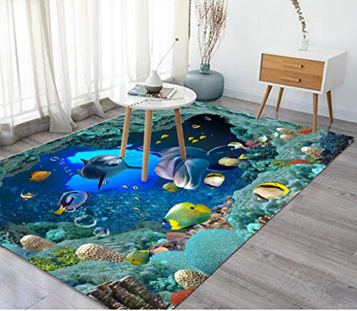 3d Meerestiere Druck Teppich Wohnzimmer Flanell Teppich Delphine Fische Wasser Pflanzen Bereich Teppich Teenager Jungen Mädchen Kinder Krabbeln Anti-Rutsch Bodenmatte Schwarz (160x200 cm, Muster 2) von Xisnuient