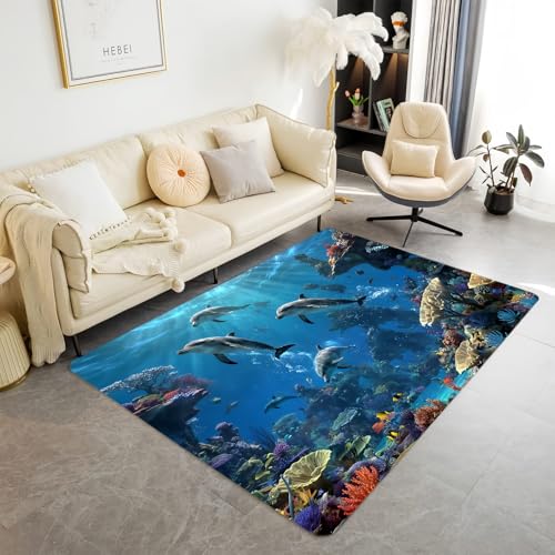 Blue Sea Undersea World Kinderspielteppich Jungen Mädchen Zimmer, Teppiche mit Meeres Delfinmotiven Großer Teppich Wohnzimmer, Rutschfeste Badematte, Läufer für Spielzimmer (Color 1,160x230 cm) von Xisnuient