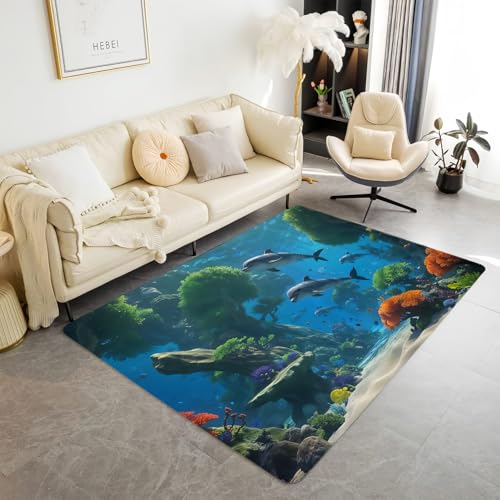 Blue Sea Undersea World Kinderspielteppich Jungen Mädchen Zimmer, Teppiche mit Meeres Delfinmotiven Großer Teppich Wohnzimmer, Rutschfeste Badematte, Läufer für Spielzimmer (Color 2,80x160 cm) von Xisnuient