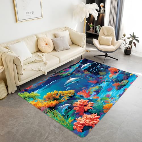 Blue Sea Undersea World Kinderspielteppich Jungen Mädchen Zimmer, Teppiche mit Meeres Delfinmotiven Großer Teppich Wohnzimmer, Rutschfeste Badematte, Läufer für Spielzimmer (Color 3,100x120 cm) von Xisnuient
