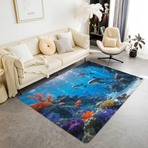 Blue Sea Undersea World Kinderspielteppich Jungen Mädchen Zimmer, Teppiche mit Meeres Delfinmotiven Großer Teppich Wohnzimmer, Rutschfeste Badematte, Läufer für Spielzimmer (Color 4,80x160 cm) von Xisnuient