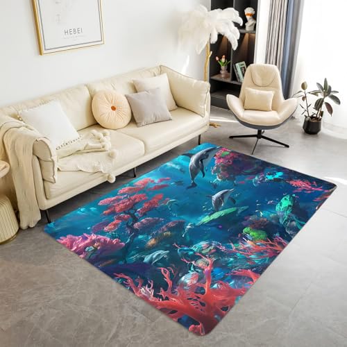 Blue Sea Undersea World Kinderspielteppich Jungen Mädchen Zimmer, Teppiche mit Meeres Delfinmotiven Großer Teppich Wohnzimmer, Rutschfeste Badematte, Läufer für Spielzimmer (Color 6,100x120 cm) von Xisnuient