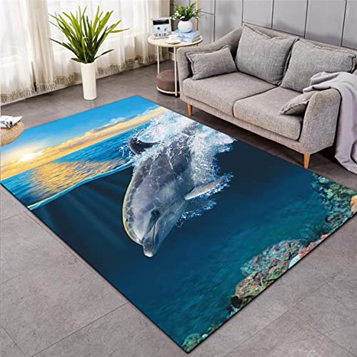 Delphin Wal Teppich Meerestier 3D Druck Wohnzimmer Großer Carpet Rutschfester Teppich im Badezimmer Fußmatte Sonnenuntergang Mond Muster Kinderzimmer Krabbeln Spielen Rug (Muster 4,60x90 cm) von Xisnuient