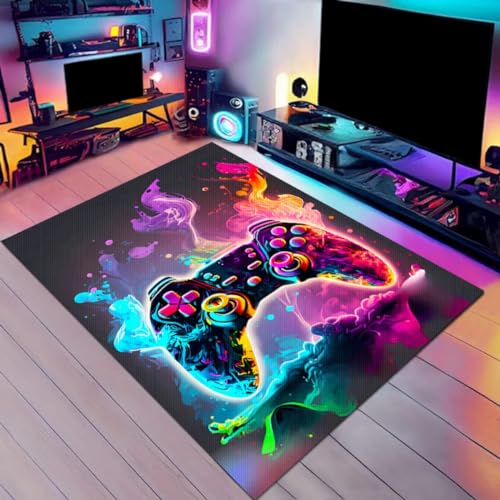 Gamer Controller Teenager Teppiche Neon Graffiti Gamer Spiele Rutschfeste Fußmatte Home Runner Teppich Schlafzimmer Kinder Krabbelmatte Junge Spielkonsole Carpet Großer Rugs (Farbe 2,140x200 cm) von Xisnuient