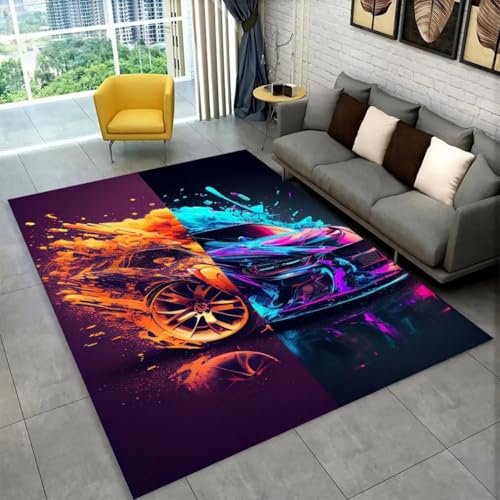 Großer Teppich, Rutschfester Flanell Memory Schaum mit 3D Rennwagen Muster für Wohnzimmer Schlafzimmer Nachttisch Badezimmer Küche Flur Sofa Fußmatte Spielzimmer Spielmatte (Bunt 1,140x200 cm) von Xisnuient