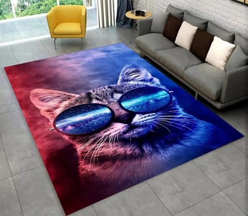 Großer Teppich,Süßer 3D Katzen Kätzchen Muster für Jungen und Mädchen Schlafzimmer Nachttisch Wohnzimmer Rug Kinderzimmer Spielzimmer Badezimmer Bodenmatte Sofamatte Wohndeko (Lila,80x120 cm) von Xisnuient