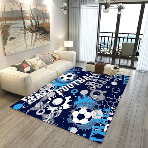 Jungen Fußball Teppiche Wohnzimmer Teppich Großer 3D Graffiti Fußball Muster Teppich Fußballfeld Spielmatte Gamer Teppich Kinder Waschbar Kinderzimmer Teppich Läufer Fußmatte (Navy,160x200cm) von Xisnuient