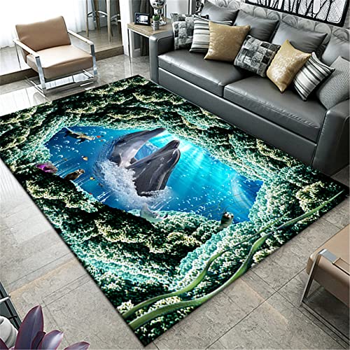 Kinderteppich Schlafzimmer Bettvorleger Kindergarten Krabbelmatte 3D Ozean Delfin Fische Drucken Flanell Rutschfest Waschbar Bereich Teppich Wohnzimmer Küche Haus Dekoration (Farbe 2,80x120 cm) von Xisnuient