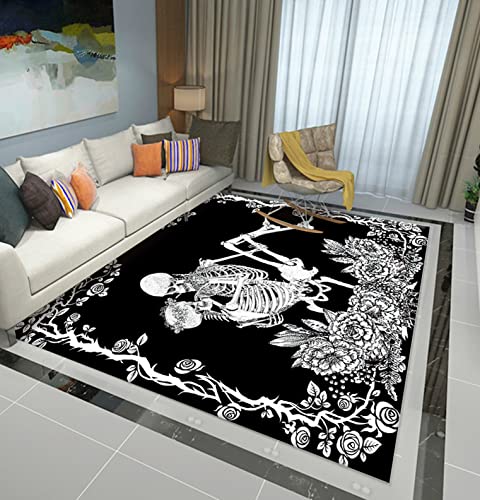 Lustiger Totenkopf 3D Kurzflor Schwarz Weiß Bereichsteppich Moderner Schlafzimmer Wohnzimmer Teppich Herren Gothic Blumen Todesschädel festlicher Dekoration Waschbare Rug (Farbe 1,100x120 cm) von Xisnuient