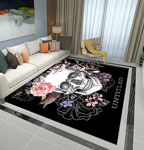 Lustiger Totenkopf 3D Kurzflor Schwarz Weiß Bereichsteppich Moderner Schlafzimmer Wohnzimmer Teppich Herren Gothic Blumen Todesschädel festlicher Dekoration Waschbare Rug (Farbe 3,100x150 cm) von Xisnuient