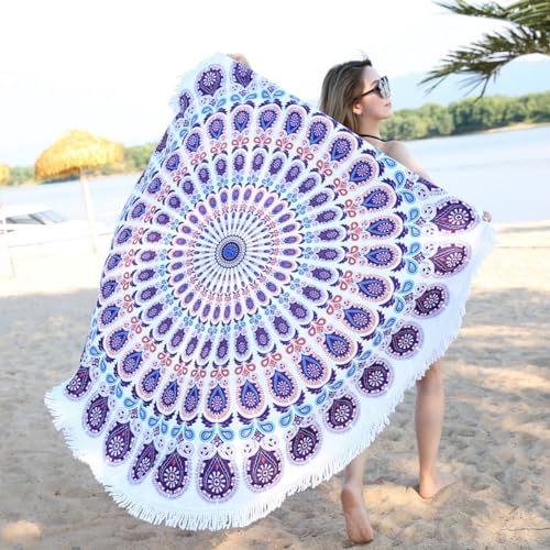 Microfaser Rundes Stranddecke Erwachsene Kinder Teenager Strandtuch Rund Mandala Hippie Groß Yoga Matte Tuch Meditation Tischdecke AufhäNger Decke Picknick Teppich (Lila) von Xisnuient