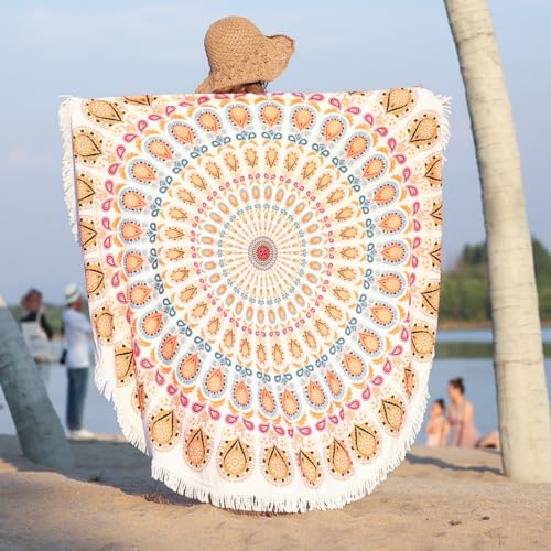 Microfaser Rundes Stranddecke Erwachsene Kinder Teenager Strandtuch Rund Mandala Hippie Groß Yoga Matte Tuch Meditation Tischdecke AufhäNger Decke Picknick Teppich (Orange) von Xisnuient