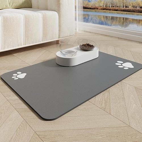 Napfunterlage Hund Rutschfeste Haustier Teppich Futtermatte Katzen Wasserdichte Unterlage Katzennapf Unterlage Hundenapf Saugfähig Futtermatte Für Haustiere Katzen Und Hunden (40x60 cm,Grau) von Xisnuient