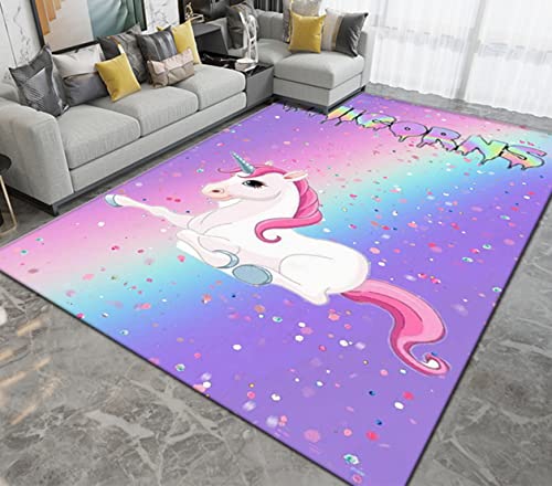 Teppich Rosa Lila Regenbogen Cartoon Einhorn Rug für Wohnzimmer Kinderzimmer Dekoration Kinder Spielen Krabbeln Matte Rutschfeste Bodenmatte Waschbar Heimdekoration Geschenk (Bunt 1,120 x 160 cm) von Xisnuient