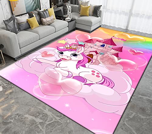 Teppich Rosa Lila Regenbogen Cartoon Einhorn Rug für Wohnzimmer Kinderzimmer Dekoration Kinder Spielen Krabbeln Matte Rutschfeste Bodenmatte Waschbar Heimdekoration Geschenk (Bunt 3,160 x 200 cm) von Xisnuient