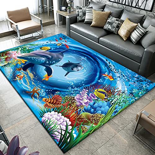 Teppich Unterwasserwelt Ozean 3D Schildkröten Delphin Muster Teppich Wohnzimmer Großer Carpet Fußmatte Jungen Mädchen Schlafzimmer Teppiche Kinderspiel Rutschfester Rug (120x160 cm, Muster 2) von Xisnuient