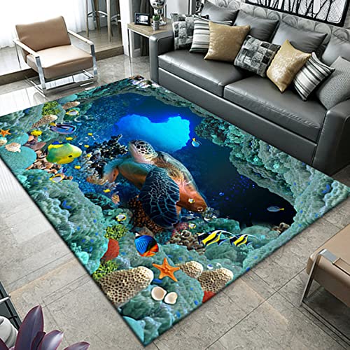 Teppich Unterwasserwelt Ozean 3D Schildkröten Delphin Muster Teppich Wohnzimmer Großer Carpet Fußmatte Jungen Mädchen Schlafzimmer Teppiche Kinderspiel Rutschfester Rug (160X200 cm, Muster 3) von Xisnuient