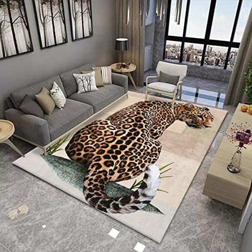 Teppich mit 3D-Tier Junge Mädchen Schlafzimmer Flanell Rug für Wohnzimmer Moderne Rutschfeste Bodenmatte Kinder Baby Spielunterlage,Löwe Tiger Flamingo Gepard Wolf Druck (Leopard,100x150 cm) von Xisnuient