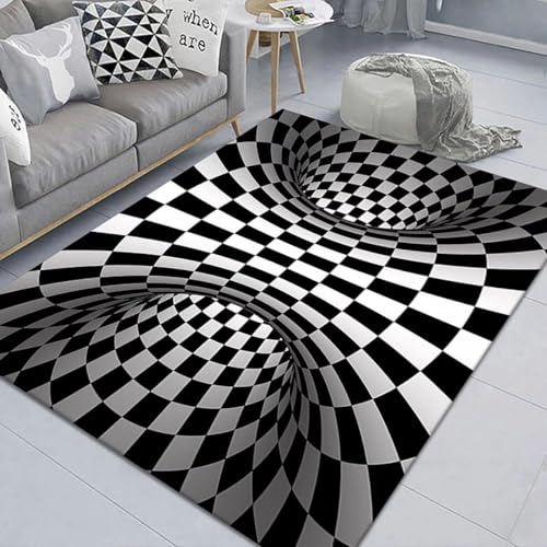 Xisnuient 3D Line Visual Wohnzimmer Teppich, Moderner 3D Wirbel Illusion Carpet, Jugendliche Kinder Schlafzimmer Spielzimmer Schwarz-Weiß Kariert Fußmatte Home Decor Teppiche (Colour 2,120x160cm) von Xisnuient