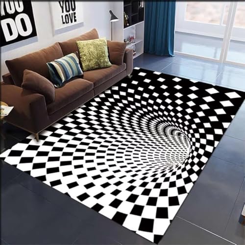 Xisnuient 3D Line Visual Wohnzimmer Teppich, Moderner 3D Wirbel Illusion Carpet, Jugendliche Kinder Schlafzimmer Spielzimmer Schwarz-Weiß Kariert Fußmatte Home Decor Teppiche (Colour 3,120x160cm) von Xisnuient