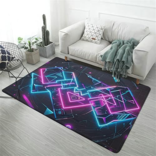 Xisnuient 3D-Neonlinien-Gaming-Teppich, Geometrisches Design Für Teenager-Jungen Mädchen Schlafzimmerdekoration, Bodenmatte Wohnzimmer Weiche Teppich Für Schlafzimmer E-Sport-Raum (Farbe 4,120x180cm) von Xisnuient