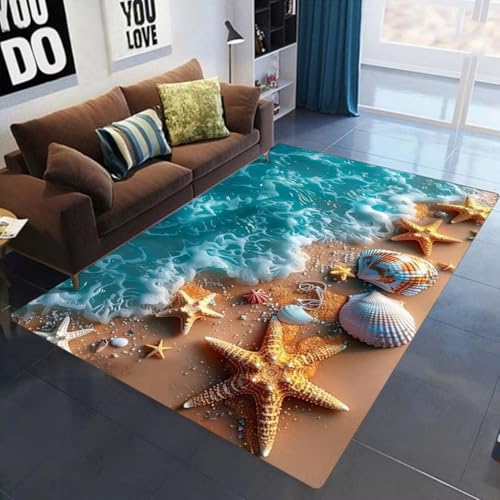 Xisnuient Flanell Großer Teppich Schlafzimmer Wohnzimmer Teppich Schlafsofa Sommerstrand Seestern Küstenlandschaft Bedruckte Bodenmatte Kinderzimmer Spielmatte Home Decor Carpet (Bunt 1,60x90 cm) von Xisnuient