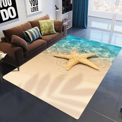 Xisnuient Flanell Großer Teppich Schlafzimmer Wohnzimmer Teppich Schlafsofa Sommerstrand Seestern Küstenlandschaft Bedruckte Bodenmatte Kinderzimmer Spielmatte Home Decor Carpet (Bunt 2,50x80 cm) von Xisnuient