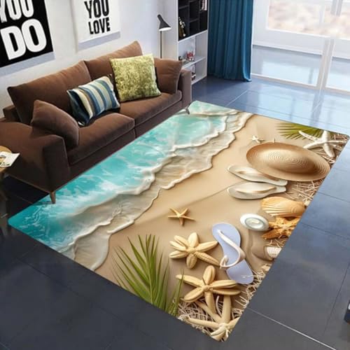 Xisnuient Flanell Großer Teppich Schlafzimmer Wohnzimmer Teppich Schlafsofa Sommerstrand Seestern Küstenlandschaft Bedruckte Bodenmatte Kinderzimmer Spielmatte Home Decor Carpet (Bunt 5,100x150 cm) von Xisnuient