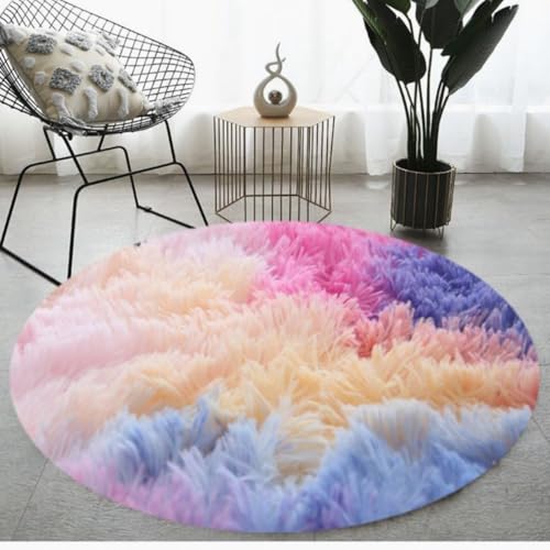 Xisnuient Flauschig Runder Teppich mit Regenbogen Batik Muster,Wohnzimmer Dekoration,Fluffy Plush Teppichmatte für Kinder Jungen Mädchen Zimmer,Fenstermatte mit Farbverlauf (Gelb Rosa,100cm/39.4inch) von Xisnuient