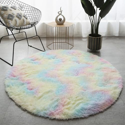 Xisnuient Flauschig Runder Teppich mit Regenbogen Batik Muster,Wohnzimmer Dekoration,Fluffy Plush Teppichmatte für Kinder Jungen Mädchen Zimmer,Fenstermatte mit Farbverlauf (Gelb Grün,140cm/55.3inch) von Xisnuient