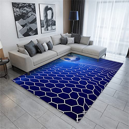 Xisnuient Fußballteppich Chlafzimmer Wohnzimmer Kinderteppich 3D-Fußballmuster Grün Fußballfeld Jungen Teenager Groß Spielmatte Flanell Waschbar Kinderzimmer Läufer Fußmatte (Blau,120x180 cm) von Xisnuient