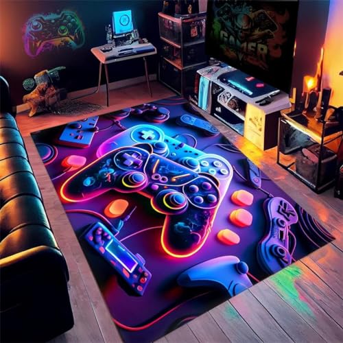 Xisnuient Gaming Teppiche Dazzle Neon Graffiti Video Spiel Controller 3D Jungen Jugendzimmer Teppich Gamer Cooler Spielteppich Kinder Teenager Home Decor Teppiche (Dunkel Blau,160x200cm) von Xisnuient