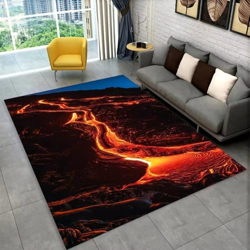 Xisnuient Großer Teppich,3D Vulkan Vulkanische Lava Magma Druck,Rot Schwarz Orange Rutschfester Carpet für Wohnzimmer Schlafzimmer Badezimmer Küche Flur Sofa Fußmatte Spielzimmer (Bunt 4,50x80 cm) von Xisnuient