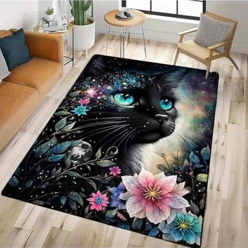 Xisnuient Großer Teppich für Wohnzimmer Schlafzimmer Süßes 3D Katzen Kätzchen Muster,Kinderzimmer Jungen Mädchen Zimmer Spielbodenmatte Sofa Fußmatte Küche Badezimmer Flurteppich (Schwarz,100x120 cm) von Xisnuient