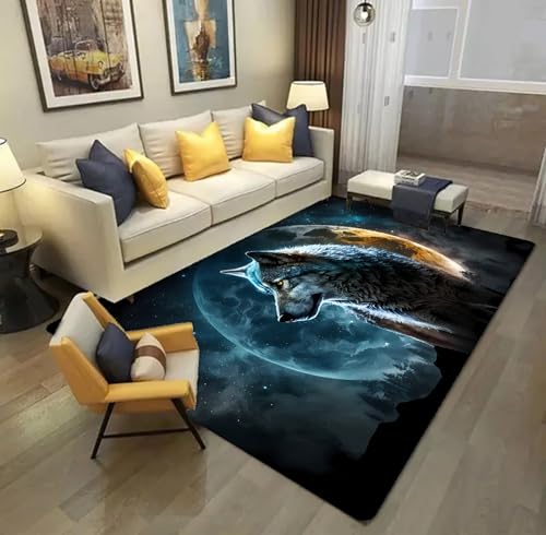 Xisnuient Großes Wohnzimmer Teppich Tier 3D Wolf Print, Schwarz Grau Wolf Mond Männer Teppiche Schlafzimmer Teppiche für Wohnzimmer Studie Spiel Zimmer, Gaming Stuhl Fußmatten (Farbe 4,140x200 cm) von Xisnuient