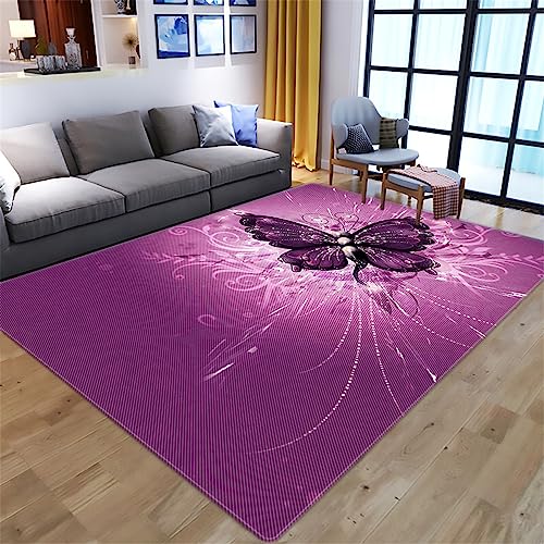 Xisnuient Kinder Teppich Mädchen 3D Lila Schmetterling Flächenteppich Schlafzimmer Dekor Teenager Groß rutschfest Bequem Boden Freizeitmatte (Farbe 1,120x160 cm) von Xisnuient