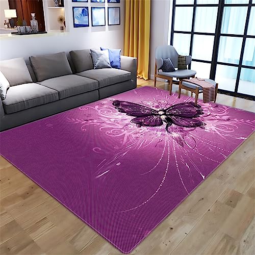 Xisnuient Kinder Teppich Mädchen 3D Lila Schmetterling Flächenteppich Schlafzimmer Dekor Teenager Groß rutschfest Bequem Boden Freizeitmatte (Farbe 1,160x200 cm) von Xisnuient